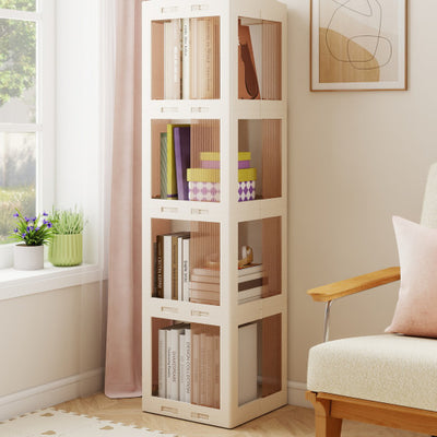 4-Tier Foldable Rotating Bookshelf with Swivel Base and Translucent Panels-White