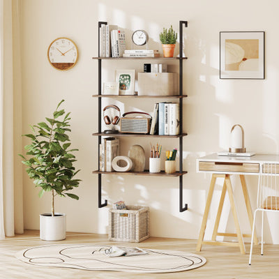 4-Tier Industrial Ladder Bookshelf with Metal Frame-Coffee