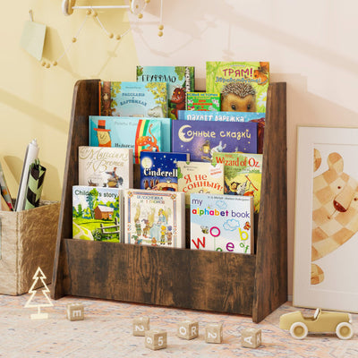 4-Tier Kids Bookshelf with Deep Compartments for Bedroom-Rustic brown