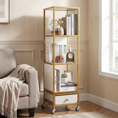 4-Tier Rotating Bookshelf on Wheels with Removable Drawer-White