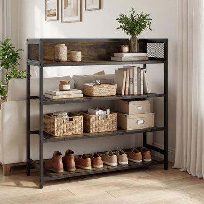 4-Tier Shoe Rack Industrial Shoe Organizer with Heavy Duty Metal Frame-Rustic Brown