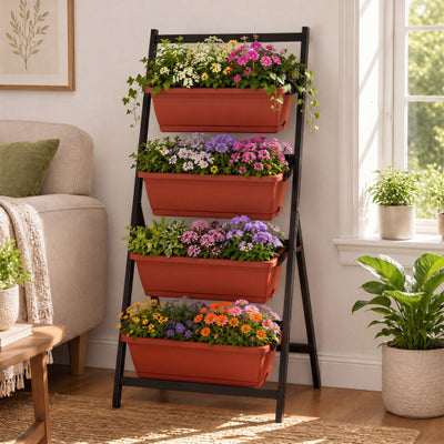 4-Tier Vertical Raised Garden Bed with Drainage Holes and 4 Containers-Red