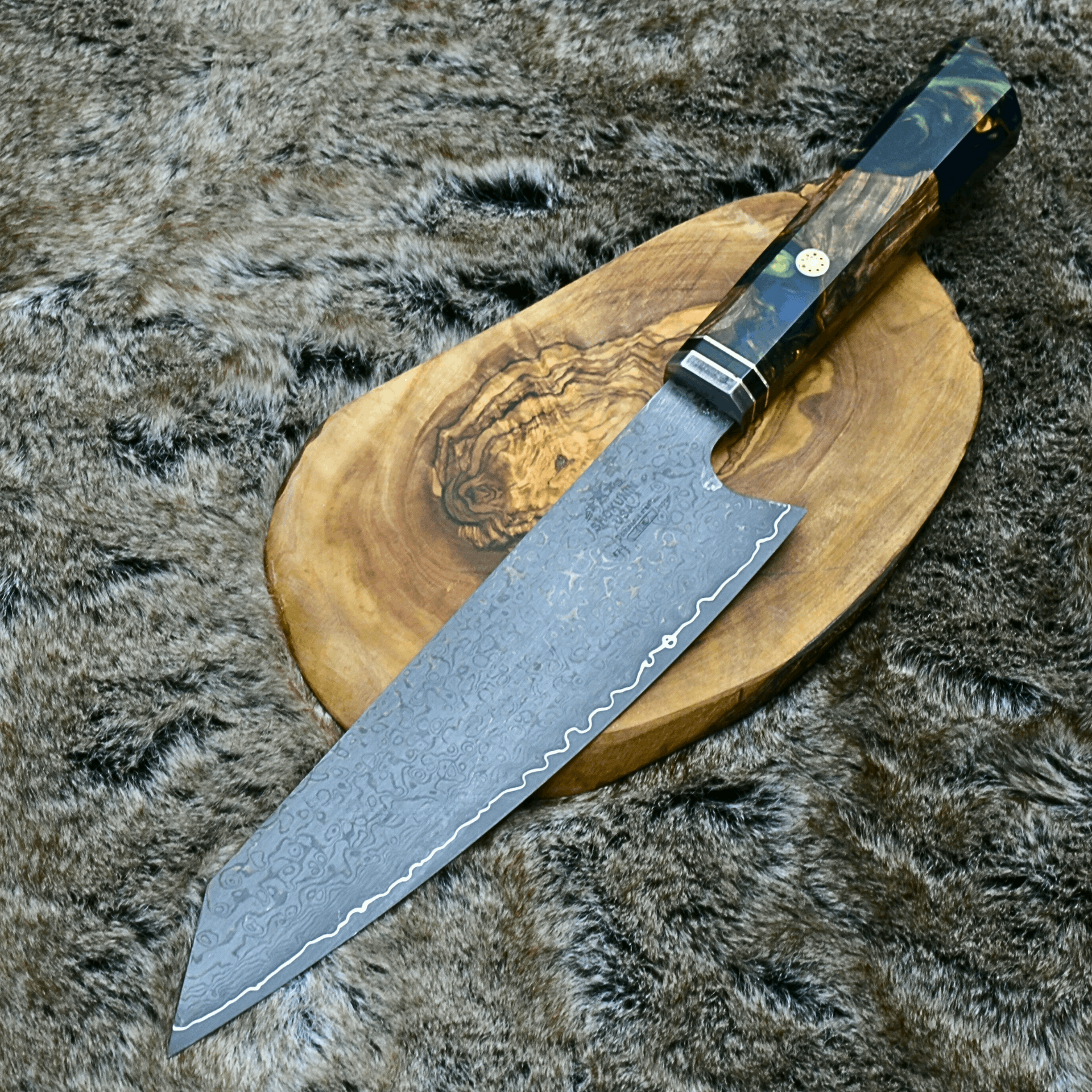 Aurora Japanese VG10 Damascus Chef Knife with Exotic Olive Burl & Emerald Green Pearl Resin Handle