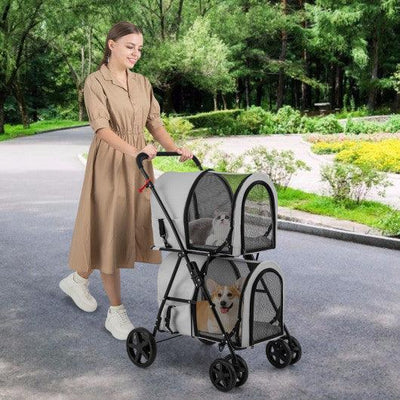 4-in-1 Double Pet Stroller with Detachable Carrier and Travel Carriage-Gray