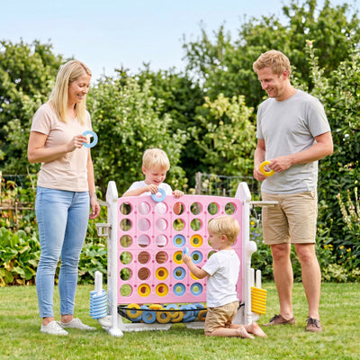 4-in-1 Height Adjustable Row Connect Game with Mesh Net and Carrying Bag-Pink
