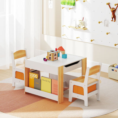 4 in 1 Kids Toddler Activity Table and Chairs Set with Reversible Tabletop-Natural