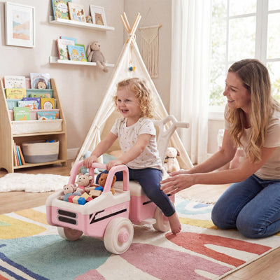 4 in 1 Ride on Push Car with Music and Under-Seat Storage for Boys Girls-Pink