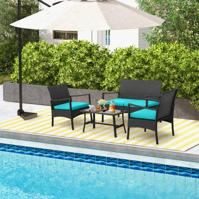 4 Pieces Rattan Conversation Set with Tempered Glass Coffee Table-Turquoise