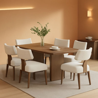 Beige Linen Fabric Upholstered Dining Chairs Curved Back
