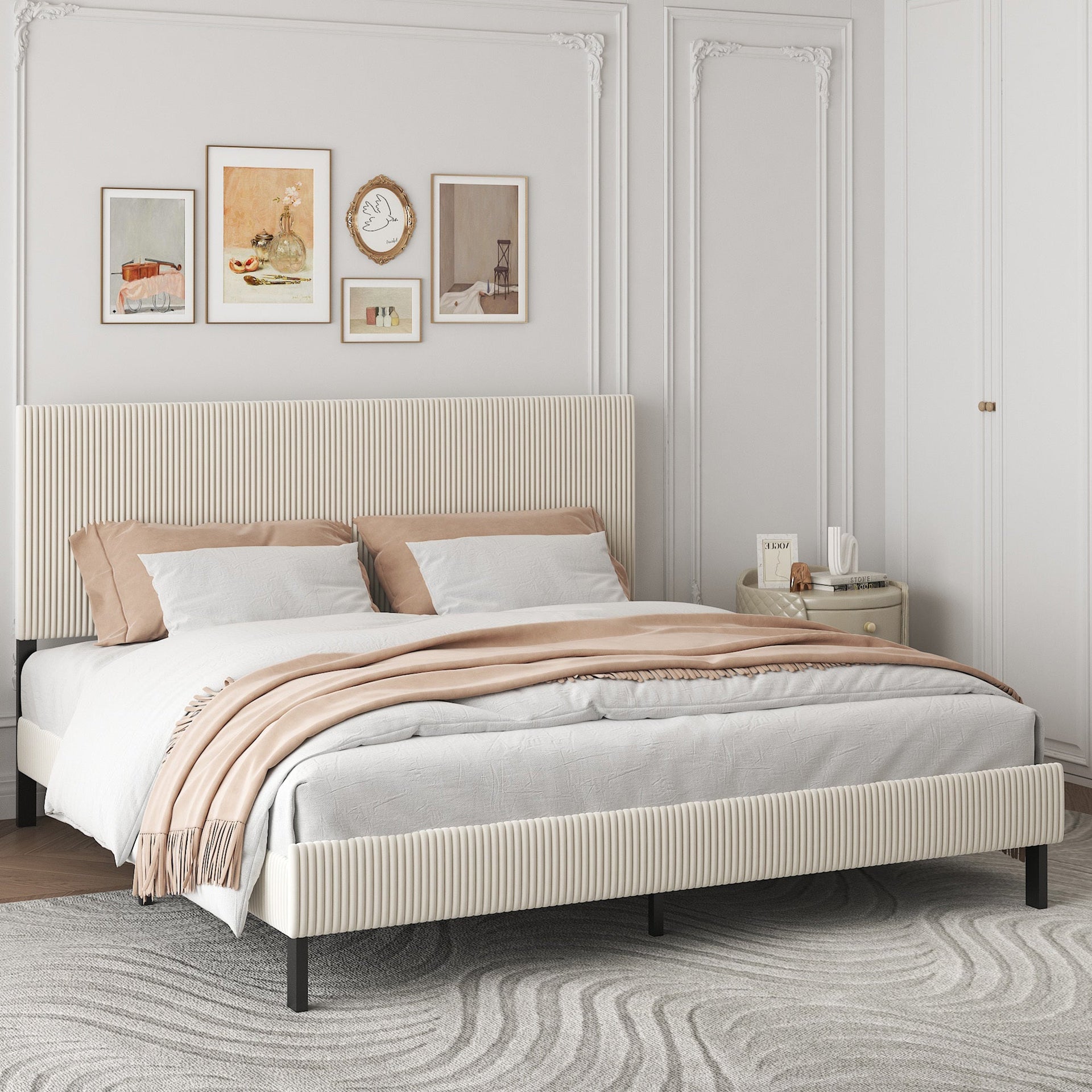 King bed frame with a bandaged headboard is stable and easy to assemble, and the style is simple and elegant,beige