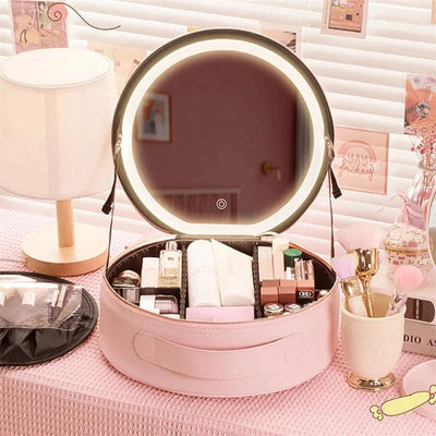 Round Smart LED Makeup Bag - Mirror Lights Travel Organizer