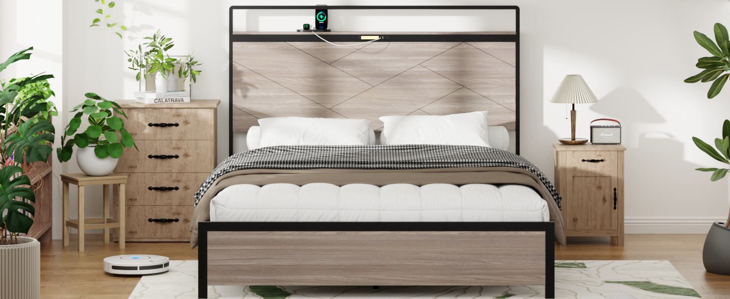 Bed frame full size, wooden platform bed frame with storage LED light headboard and 2 USB, no noise, no spring mattress required and simple assembly tools, large underbed storage, brown