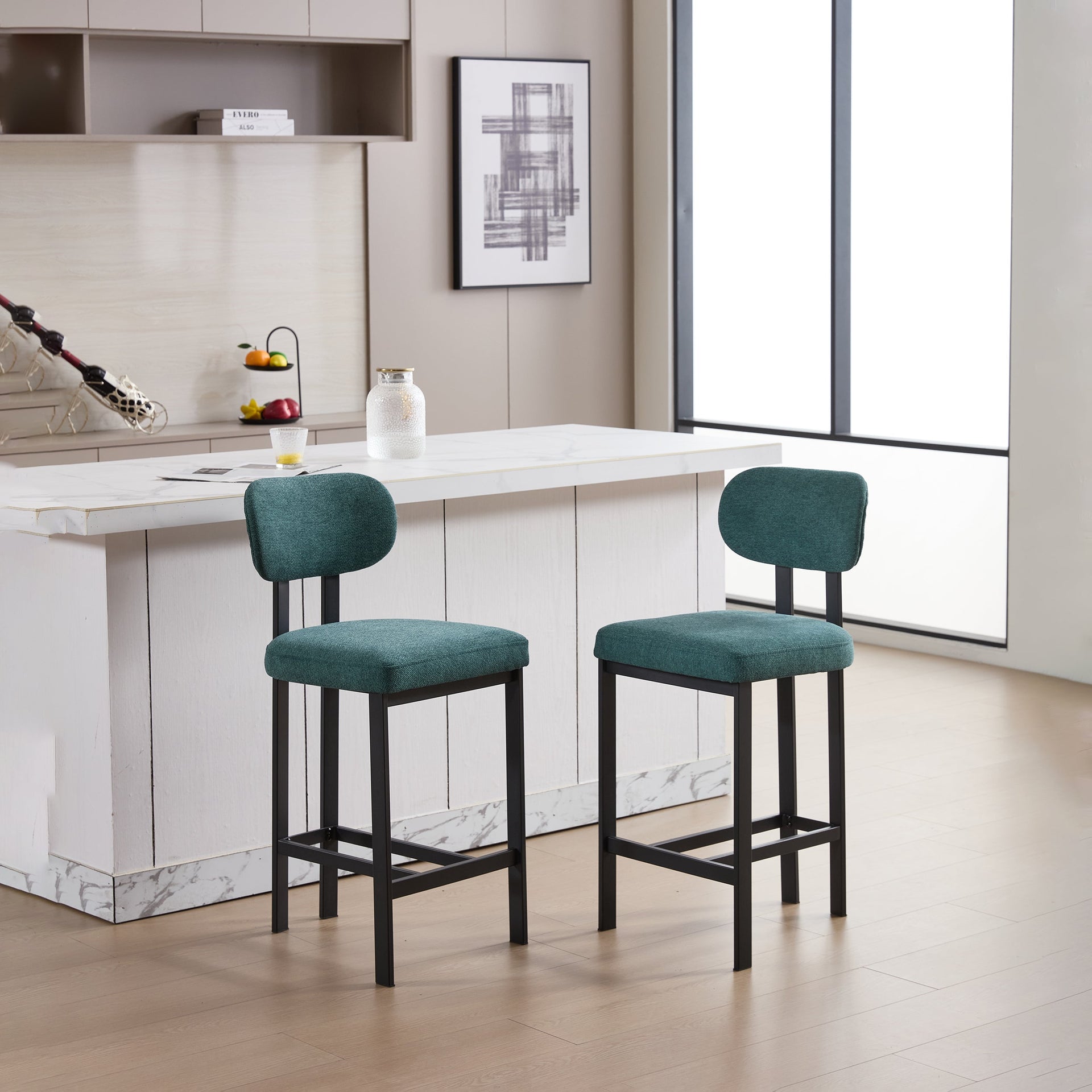 Bar Stools Set of 2, 26 inch Modern Upholstered Fabric Counter Height Barstools, Kitchen Island Chairs with Black Metal Legs for Dining Room/Kitchen Island/Bar