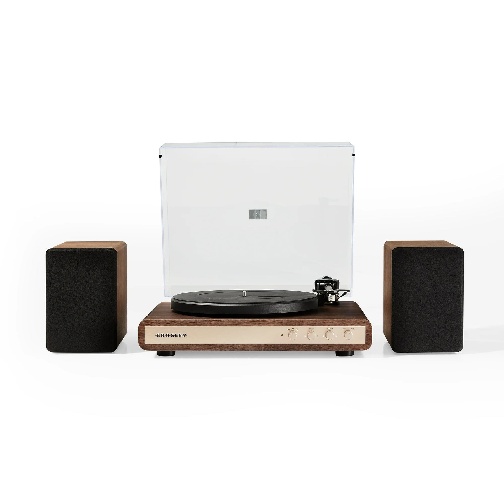 Crosley C65 Record Player with Speakers and Wireless Bluetooth - Audio Turntables (Walnut/Gold)