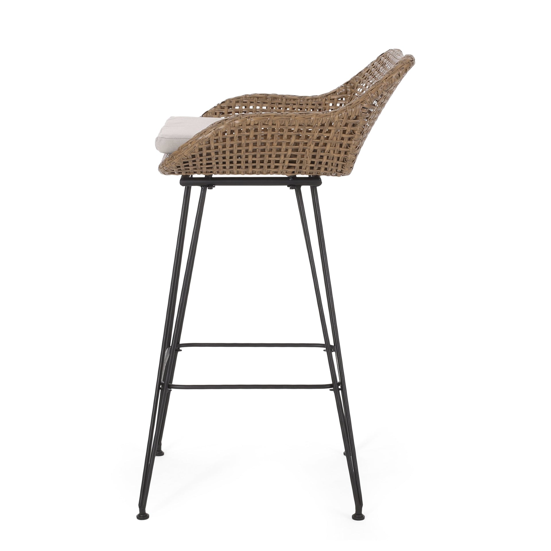 29.25' Outdoor Wicker and Iron Low Back Barstools, Light Brown, with Beige Cushion (Set of 2)