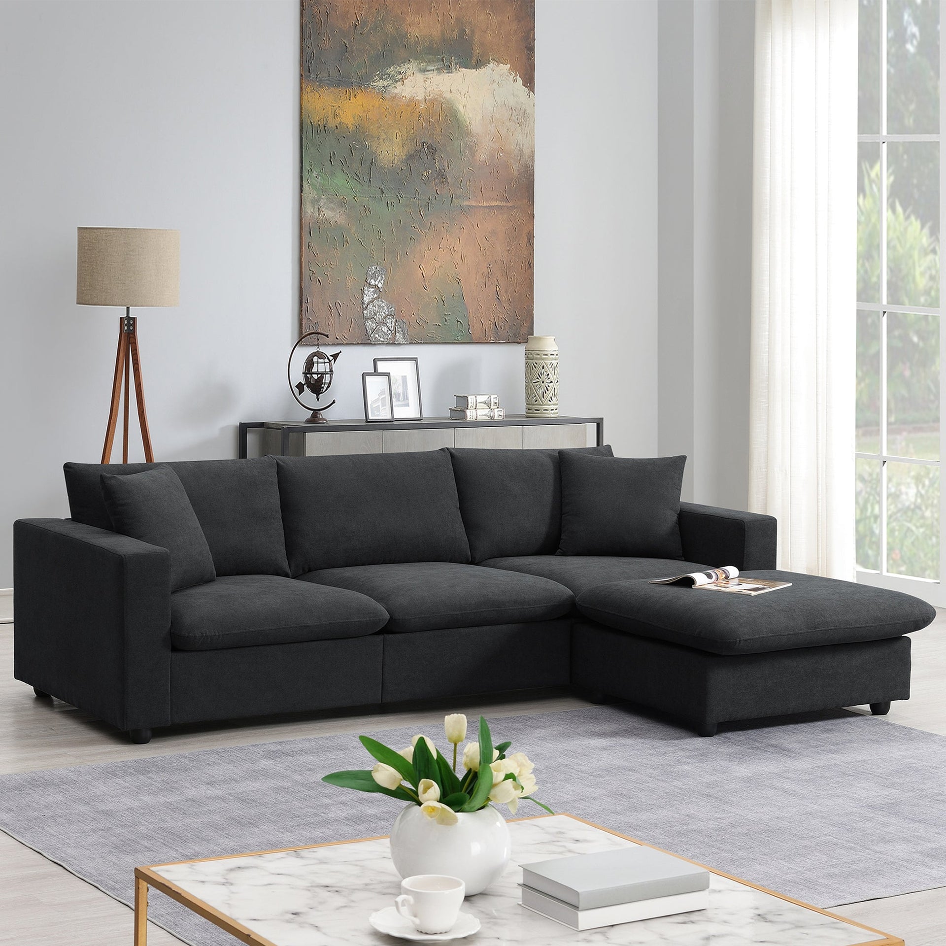 101*66' Modern Sectional Sofa with Throw Pillows,Cloud L-shaped Couch Set with Wide Seat,4 seat Polyester Comfy Fabric Couch Set with Movable Ottoman for Living Room, Apartment, Office,4 Colors