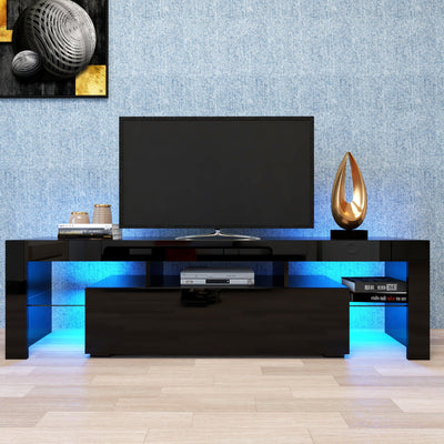 Modern LED TV Stand with Remote-Control Lighting and Open Storage Shelves