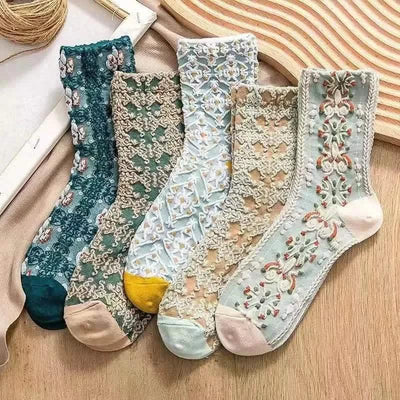 5-Pairs: Flower Geometric 3D Textured Ankle Cotton Blend Cottage Core Lucky Socks