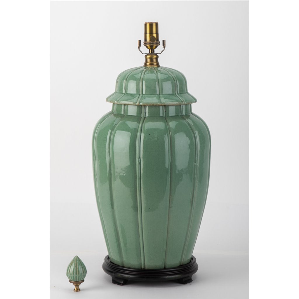 32''H Vintage Style Chinese Porcelain Celadon Green Temple Jar Lamp