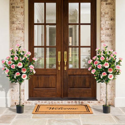 Set of 2 Artificial Camellia Tree with 27 Blossoms in Cement Pot for Home
