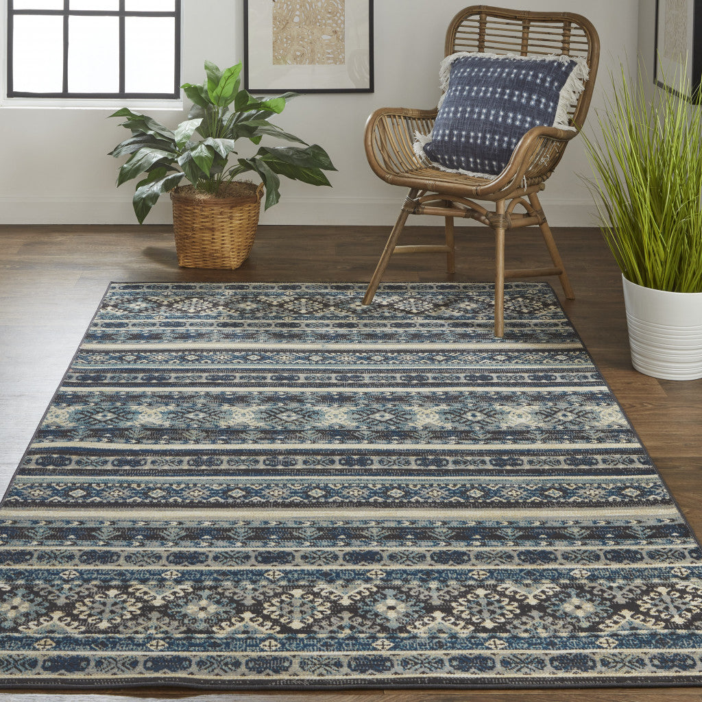 10' X 13' Blue Red And Ivory Geometric Distressed Area Rug