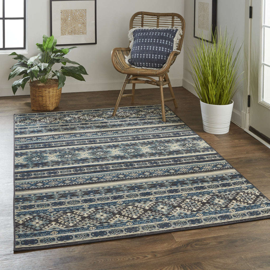 10' X 13' Blue Red And Ivory Geometric Distressed Area Rug