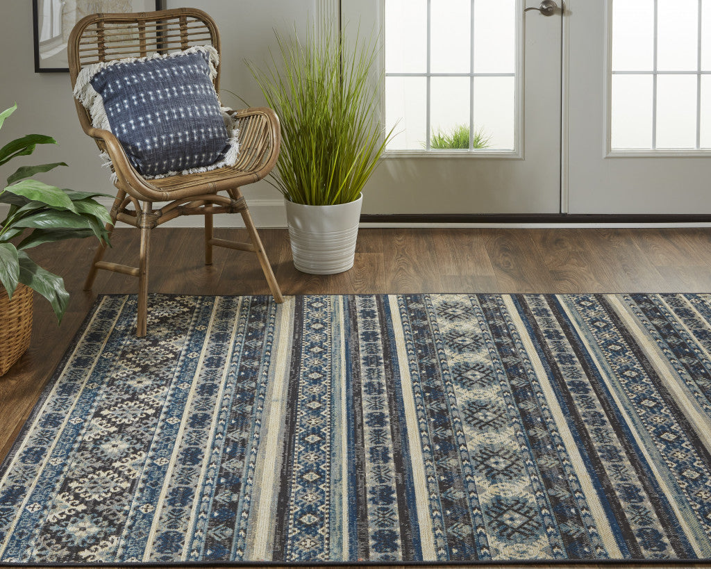 10' X 13' Blue Red And Ivory Geometric Distressed Area Rug
