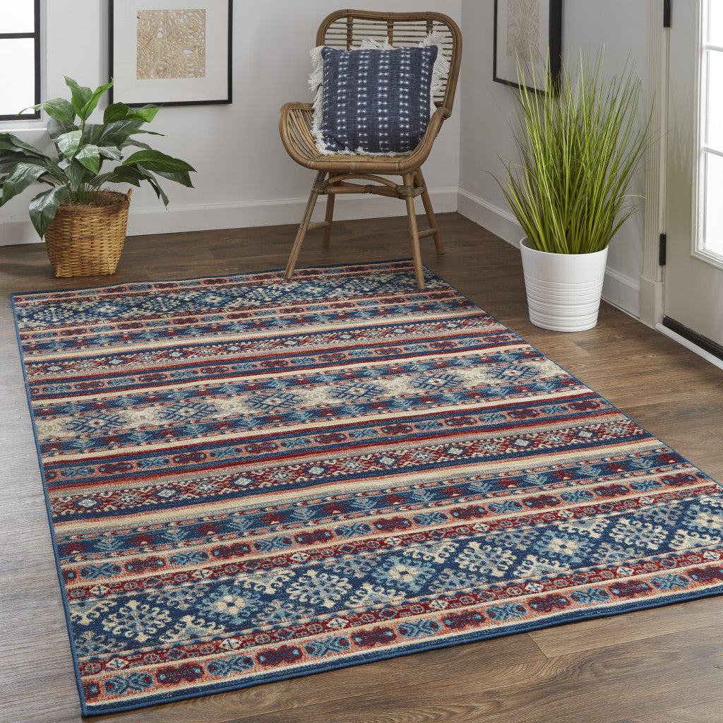 10' X 13' Blue Red And Ivory Geometric Distressed Area Rug
