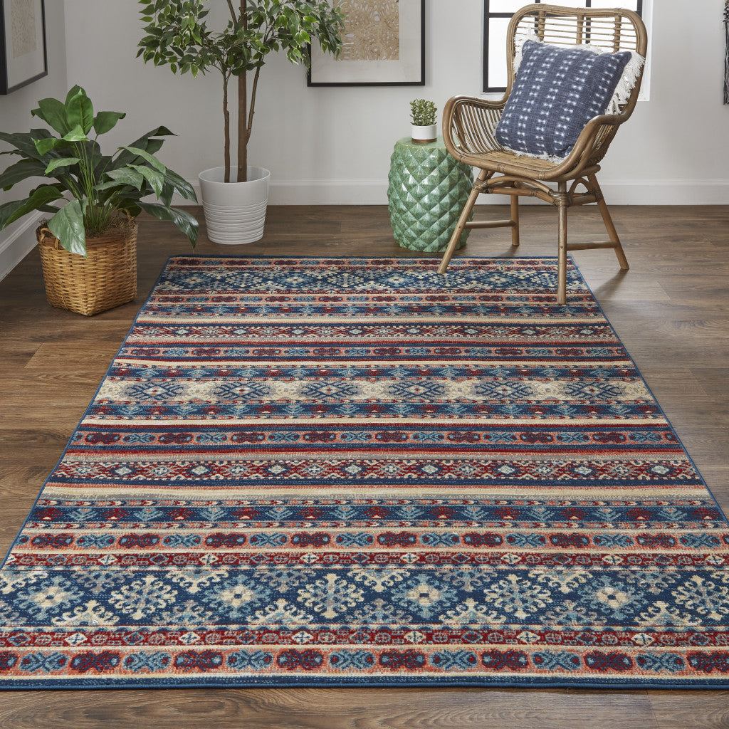 10' X 13' Blue Red And Ivory Geometric Distressed Area Rug