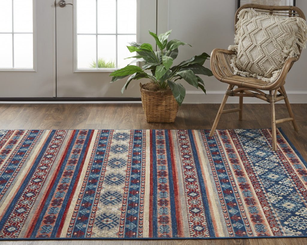 10' X 13' Blue Red And Ivory Geometric Distressed Area Rug