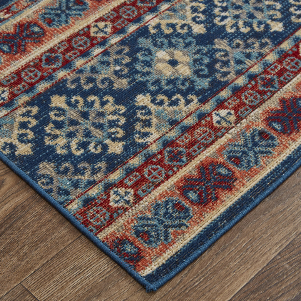 10' X 13' Blue Red And Ivory Geometric Distressed Area Rug