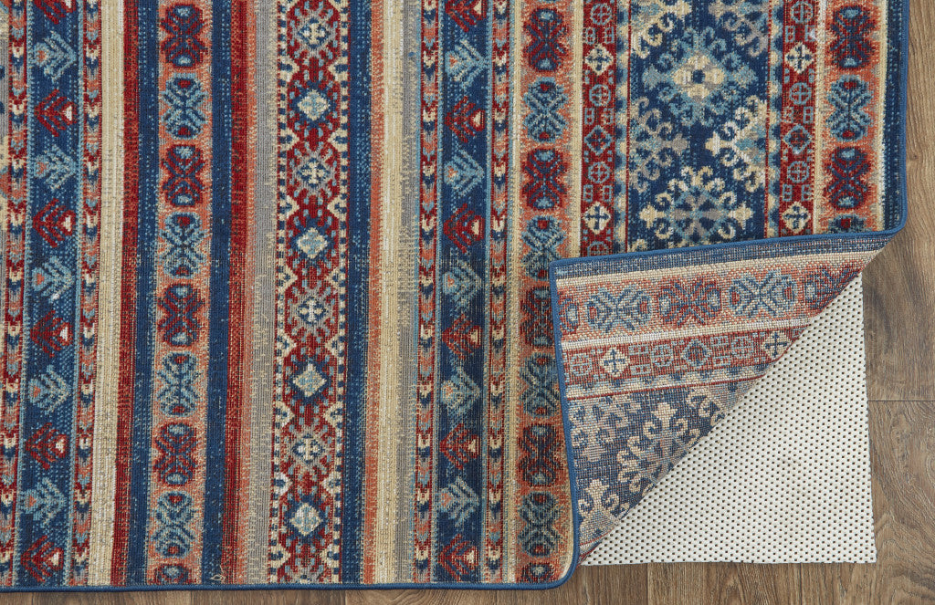 10' X 13' Blue Red And Ivory Geometric Distressed Area Rug