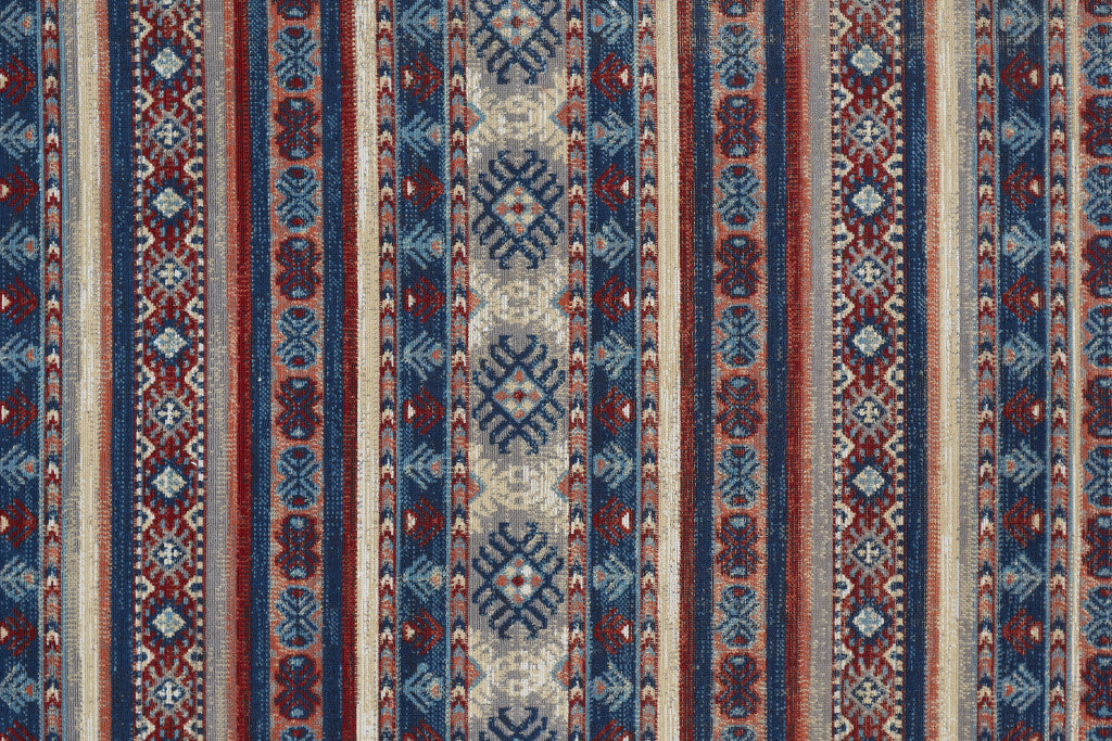 10' X 13' Blue Red And Ivory Geometric Distressed Area Rug