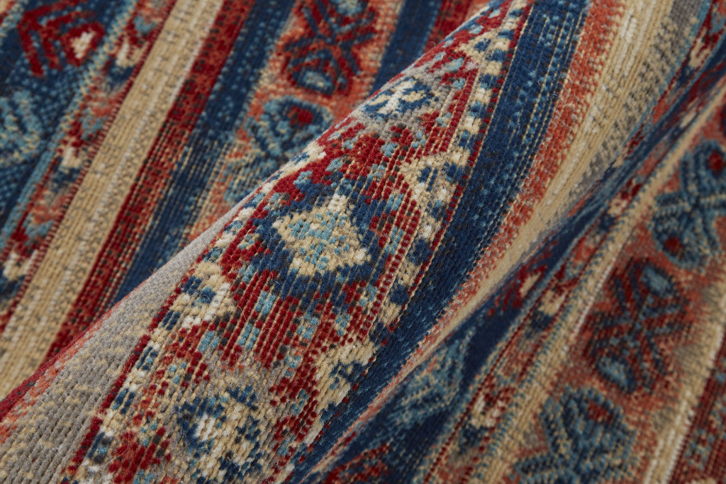 10' X 13' Blue Red And Ivory Geometric Distressed Area Rug