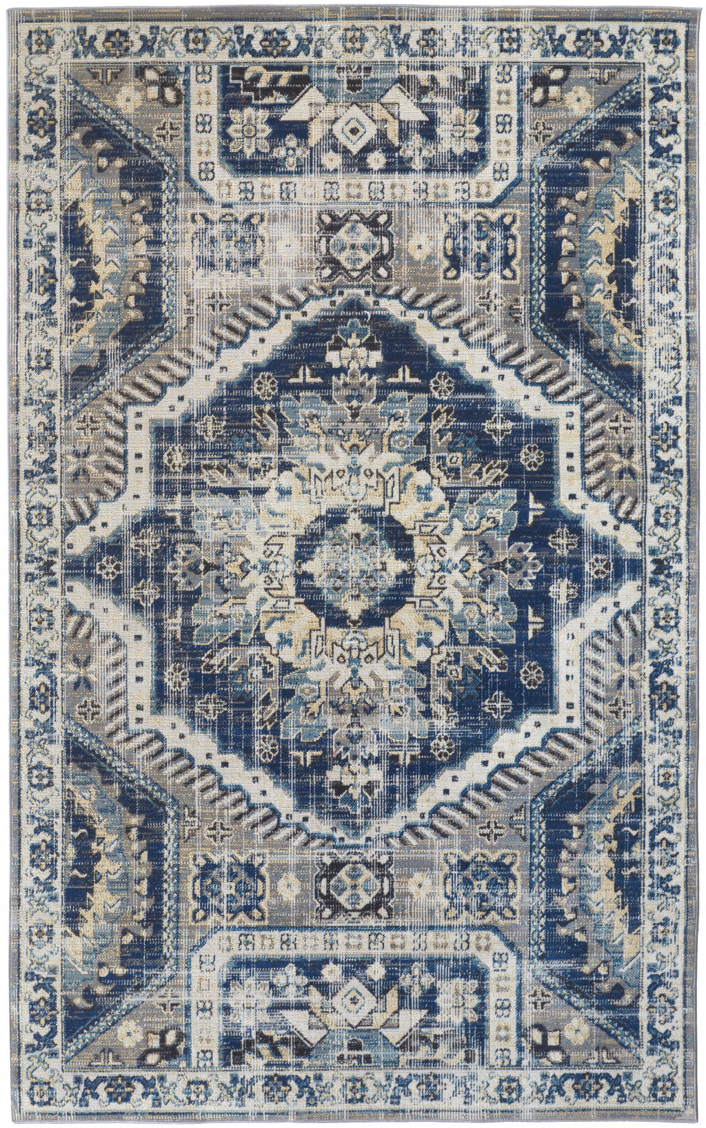 10' X 13' Blue And Ivory Medallion Distressed Area Rug