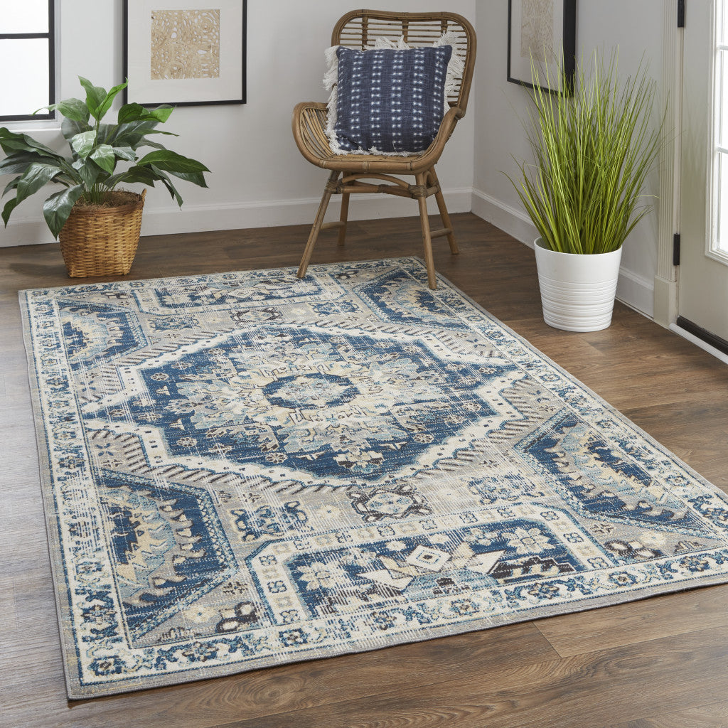 10' X 13' Blue And Ivory Medallion Distressed Area Rug
