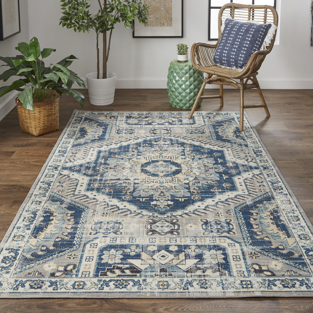 10' X 13' Blue And Ivory Medallion Distressed Area Rug