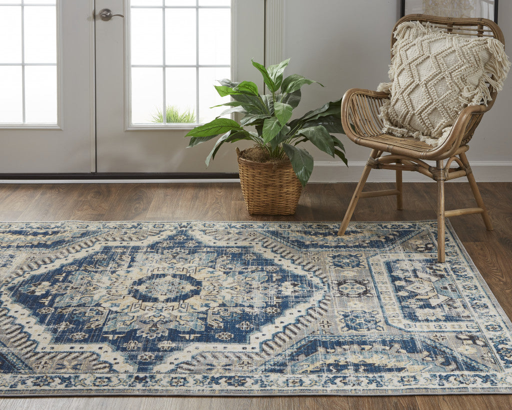 10' X 13' Blue And Ivory Medallion Distressed Area Rug