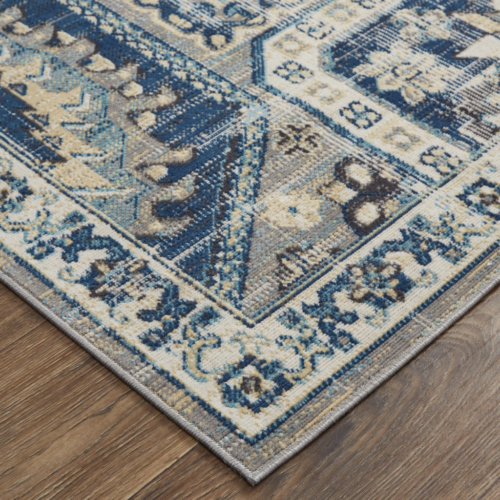 10' X 13' Blue And Ivory Medallion Distressed Area Rug