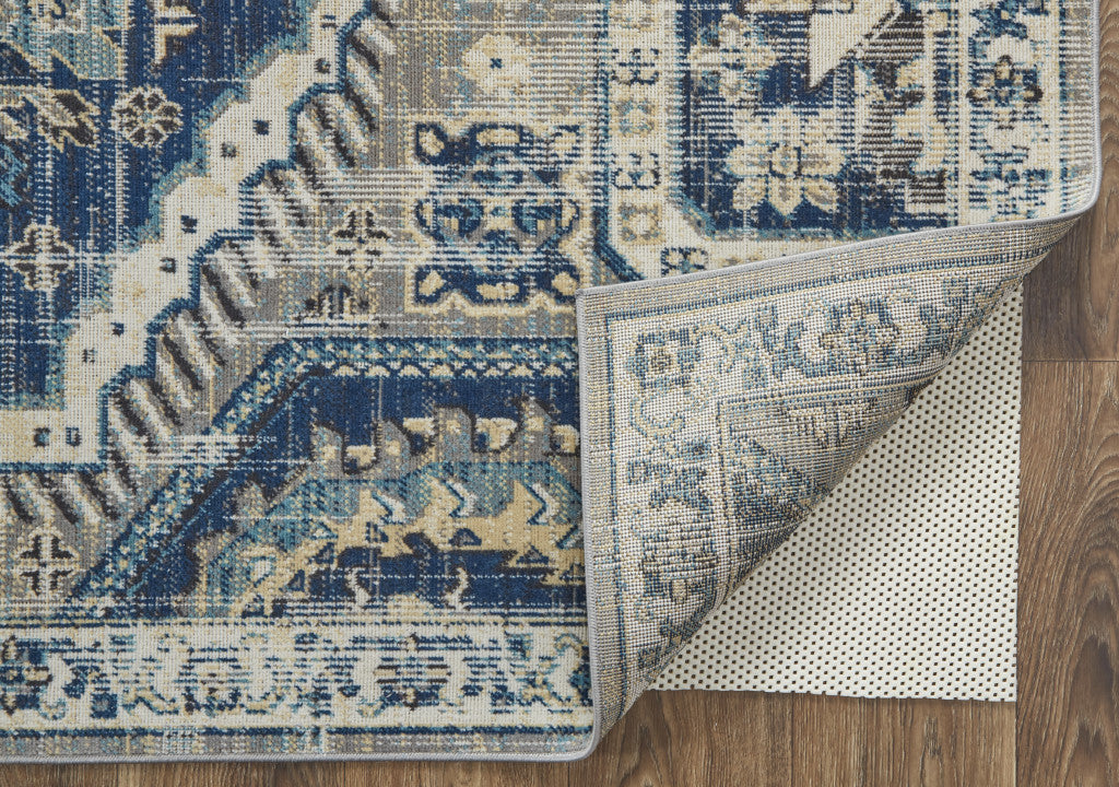 10' X 13' Blue And Ivory Medallion Distressed Area Rug