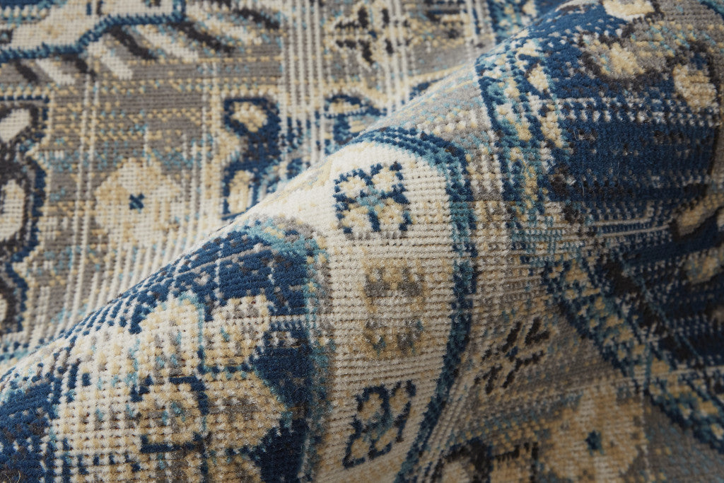 10' X 13' Blue And Ivory Medallion Distressed Area Rug