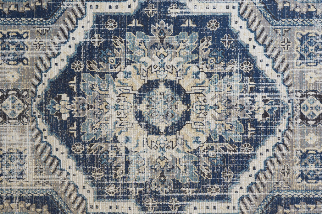10' X 13' Blue And Ivory Medallion Distressed Area Rug