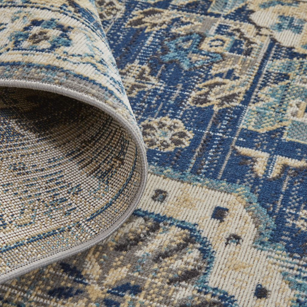 10' X 13' Blue And Ivory Medallion Distressed Area Rug
