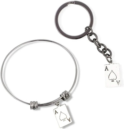 Ace Bracelet | Ace of Spades Bangle Bundled with Keychain Gift for Women Men Jewelry Playing Card Poker and Game Accessories
