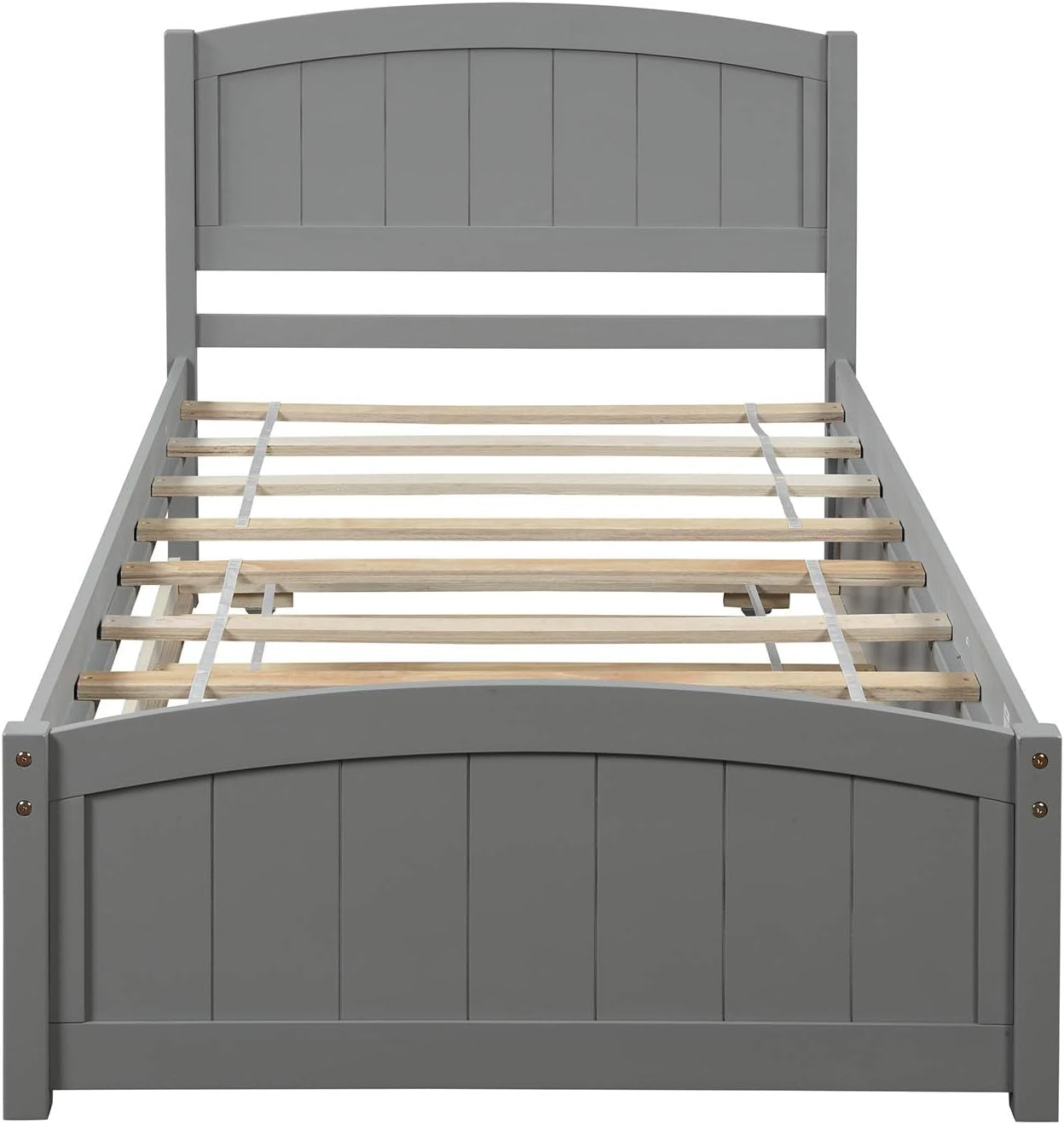 Twin Bed Frame, Wood Platform Bed with Trundle, Headboard, Footboard and Wood Slat Support, Grey