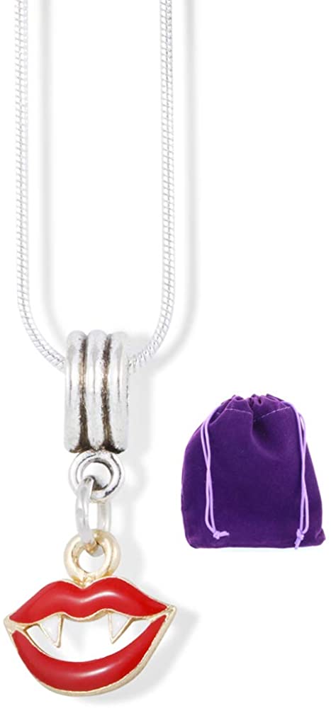 Lip Jewelry | Red Lips with Teeth Fangs Charm Snake Chain Necklace Pendant