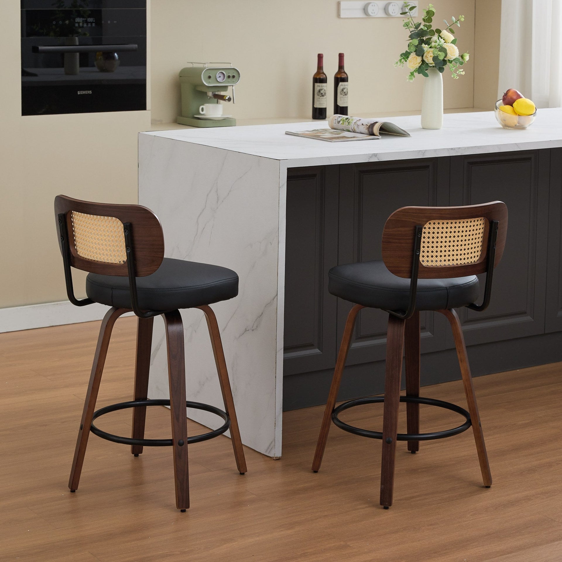 Set of 2 Counter Height Bar Stools - 26 inch Rattan Counter Height Stools with Cane Back, Upholstered Seat, Walnut Craftsmanship, Swivel Counter Stools for Island/Kitchen/Counter/Bar (Walnut Black)