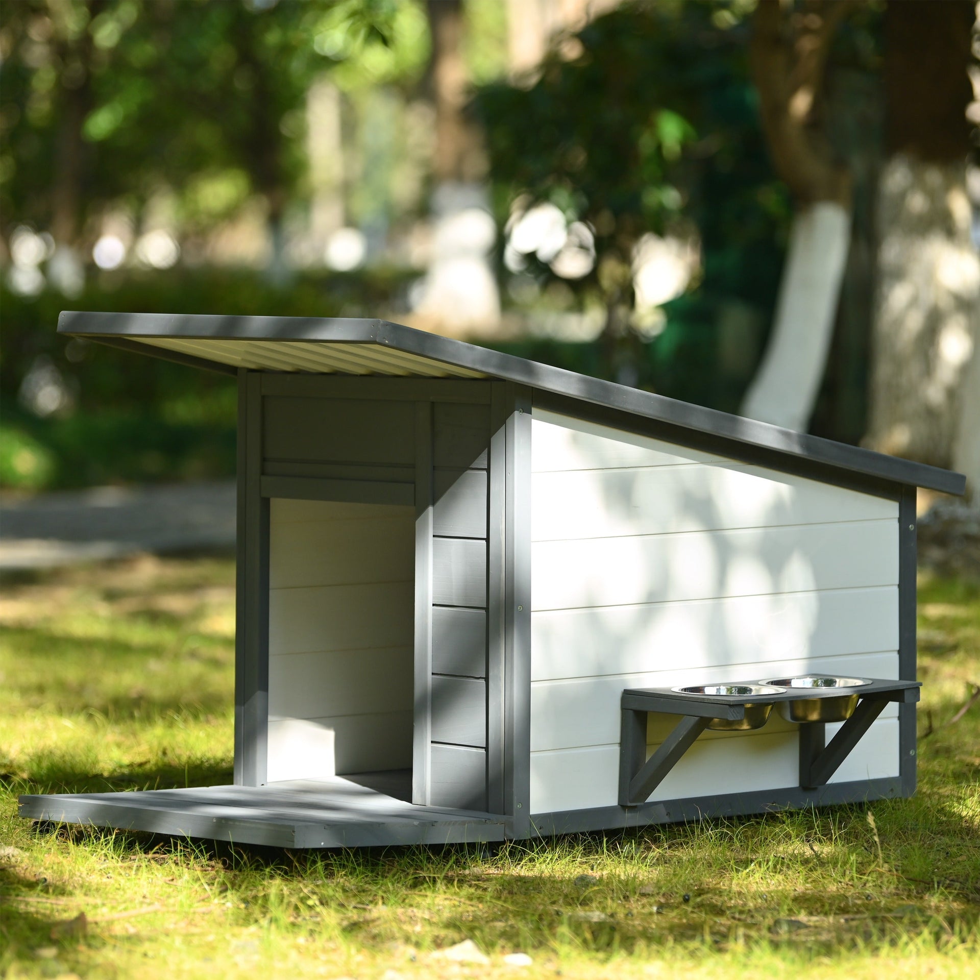 Modern Design Outdoor Dog House with Food Bowl and Wheels, Grey Pine, 44.1 x 22.1 x 28.8 inches