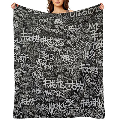 Black & White Doodle Graffiti Japanese Positive Words Tag Art Machine-washable Throw Blanket