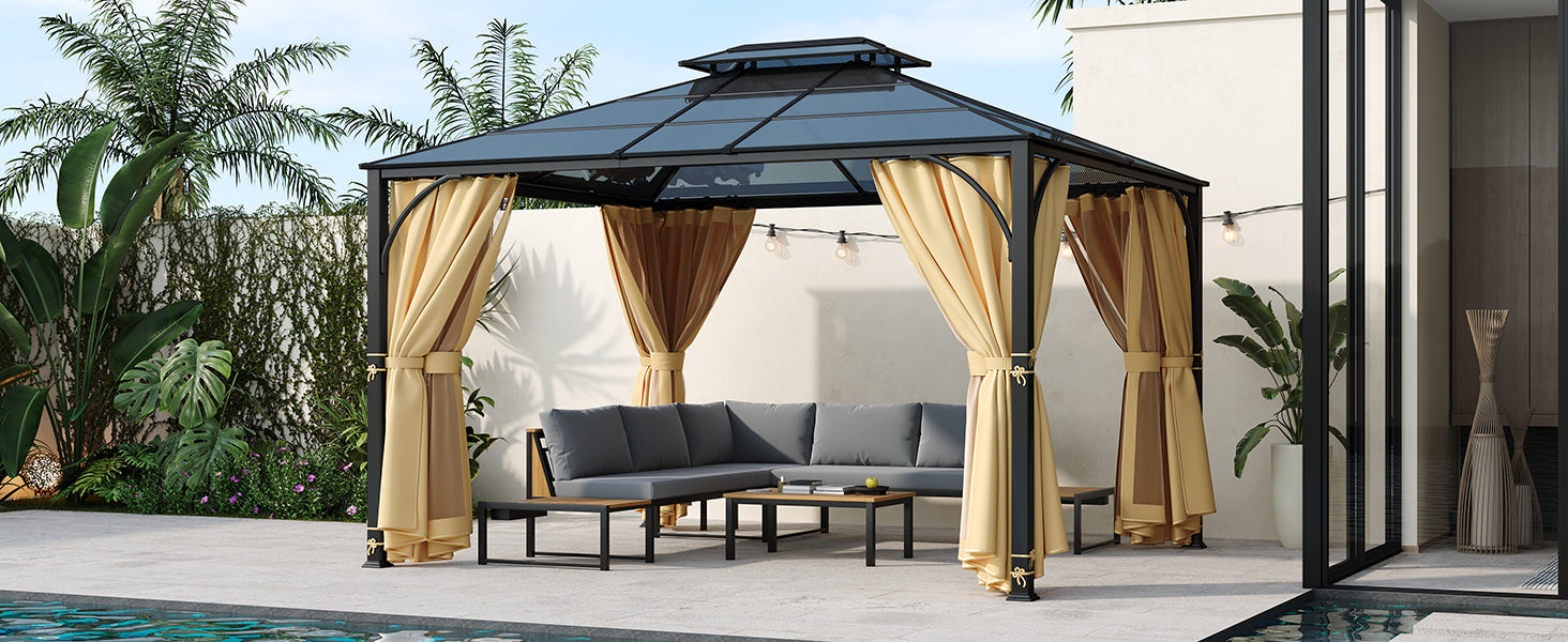 TREXM 10'x12' Hardtop Outdoor Gazebo, Heavy Duty Double Roof Patio Gazebo with Aluminum Frame, Double-Layer Side Walls Mosquito Netting & Privacy Curtains for Patio, Garden, Backyard (Beige)